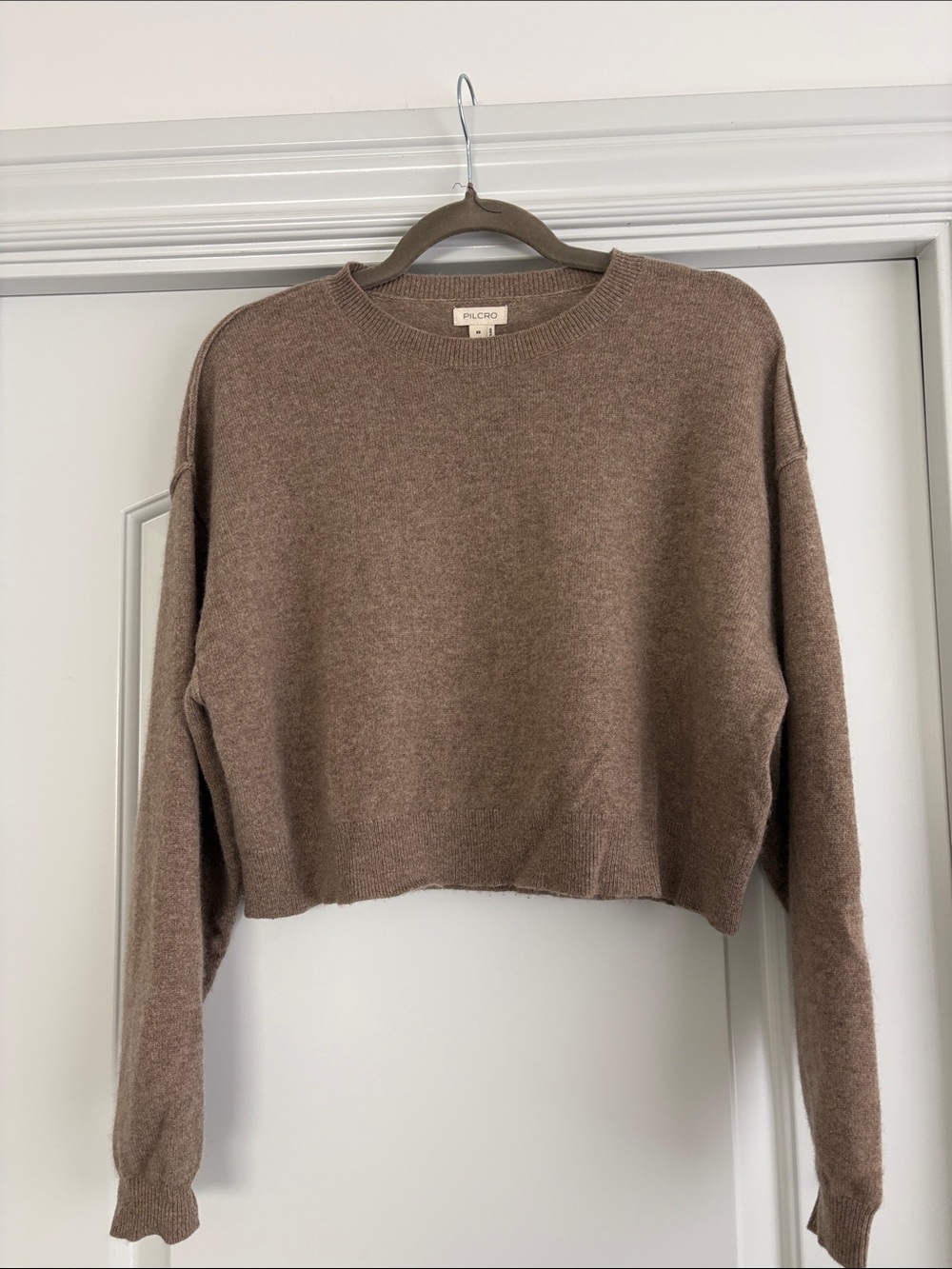 Pilcro Cropped Cashmere Crewneck Sweater in Taupe Brown